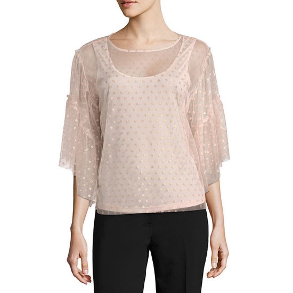 Worthington Rose Gold Short Sleeve Ruffle Mesh Knit Blouse Women’s Size PS